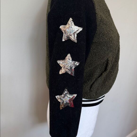 Limited Too Olive Army green and Black Varsity Jacket with sequins Stars - Picture 4 of 8